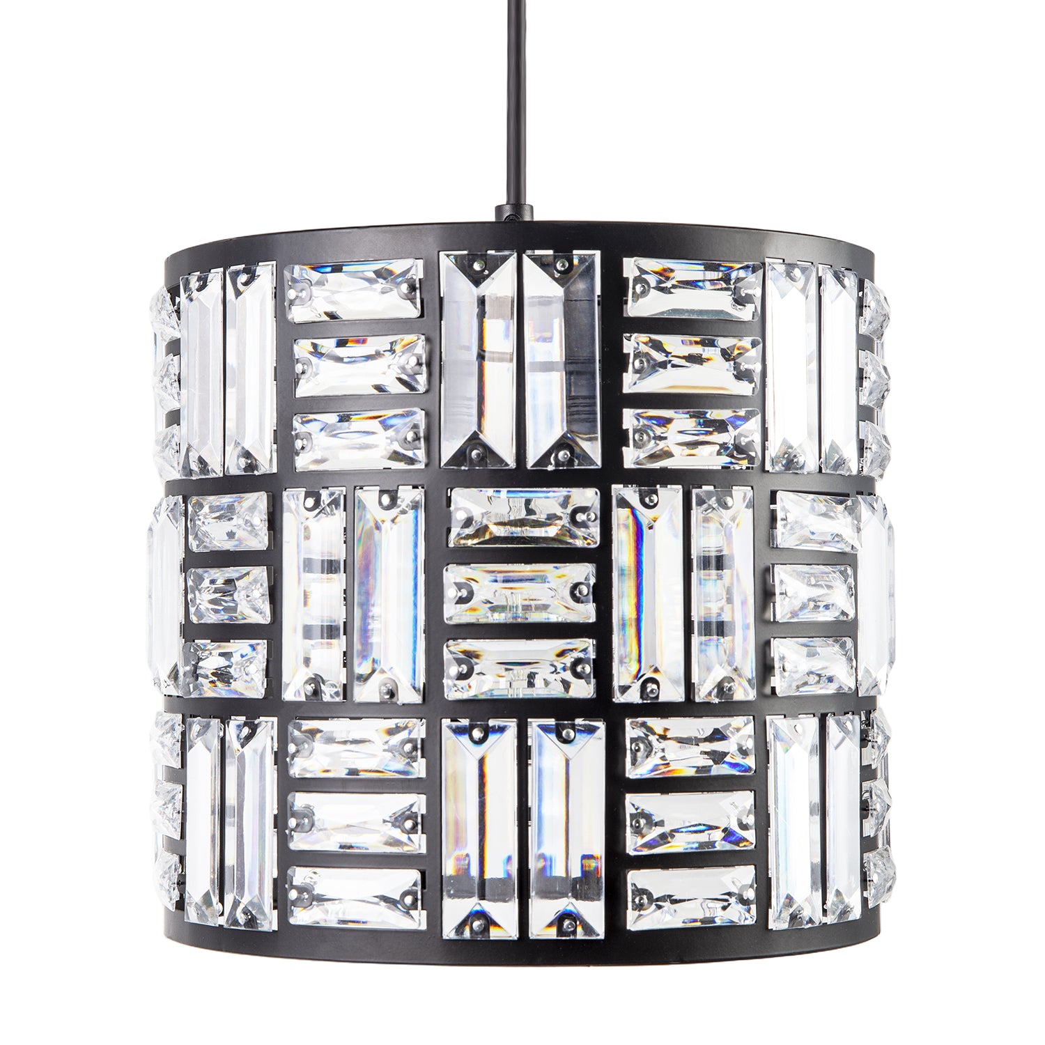 Modern Circular Drum Matte Black Pendant Shade with Clear Acrylic Rods Image 4