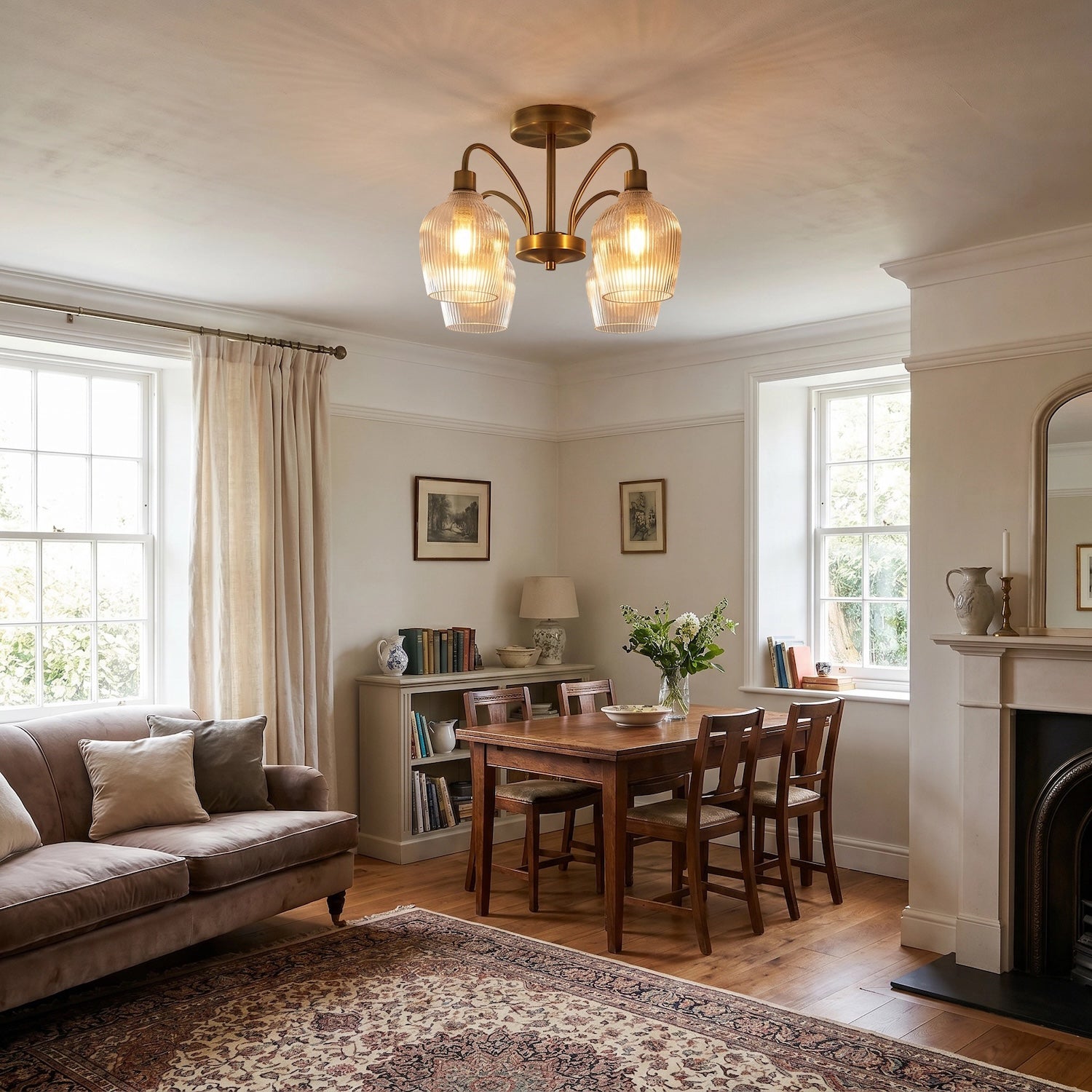 Classy Antique Brass Ceiling Light with Clear Ribbed Glass Shades Image 6