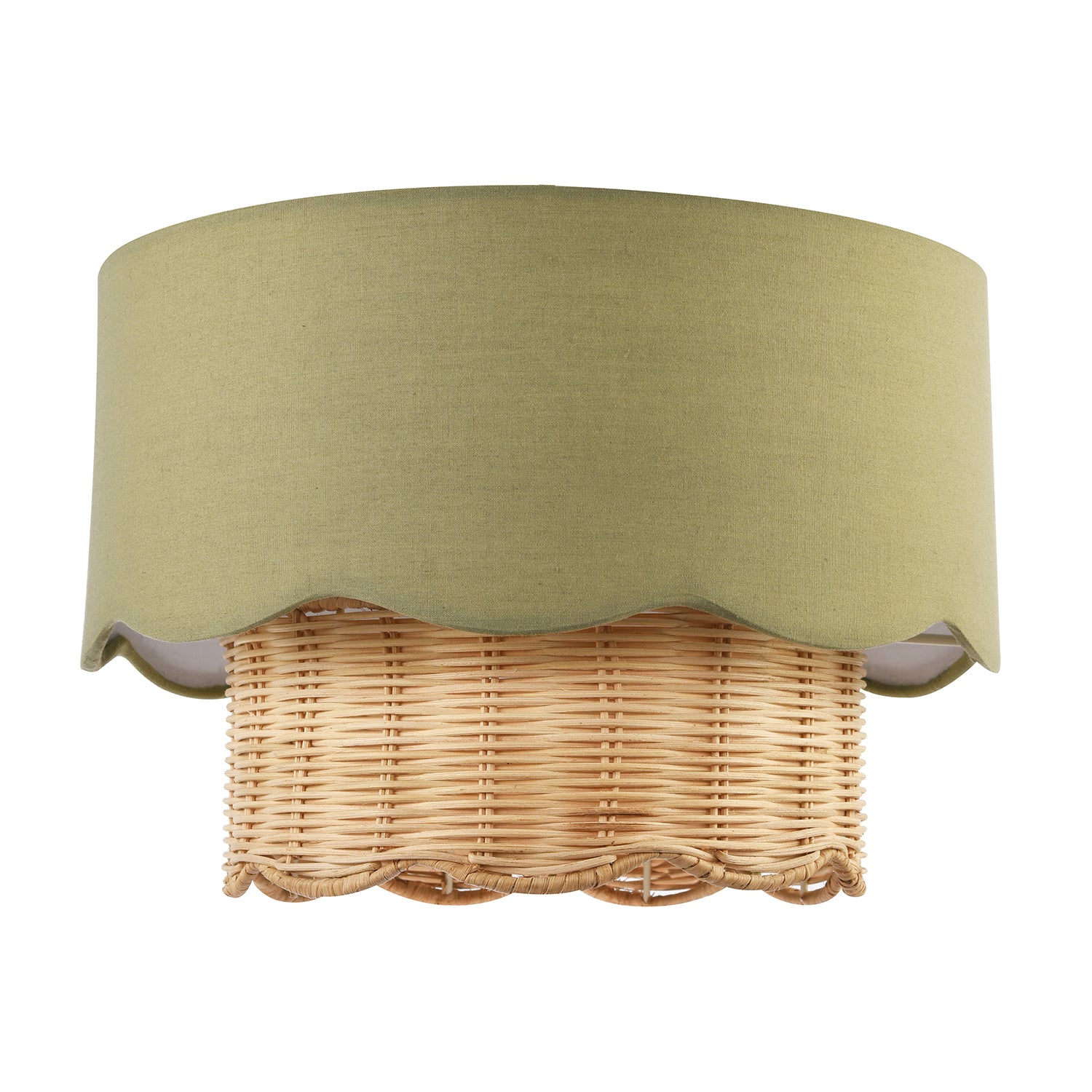 Dark Olive Linen Fabric and Natural Rattan Scallop Pendant Lamp Shade Image 3