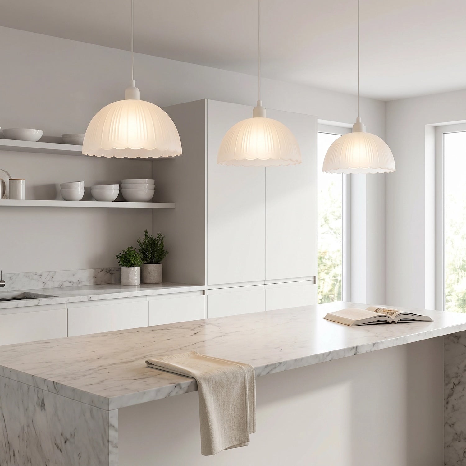 Classic Frosted White Pendant Shade with Fluted Edge and Etched Lines Image 6