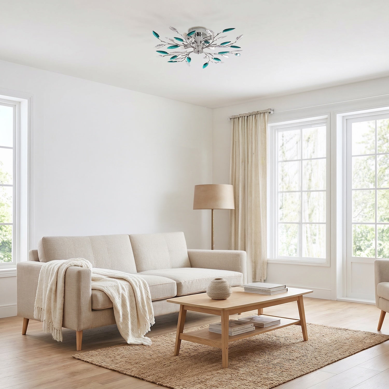 Modern Semi Flush Chrome Ceiling Light with Teal Acrylic Leaves Image 6