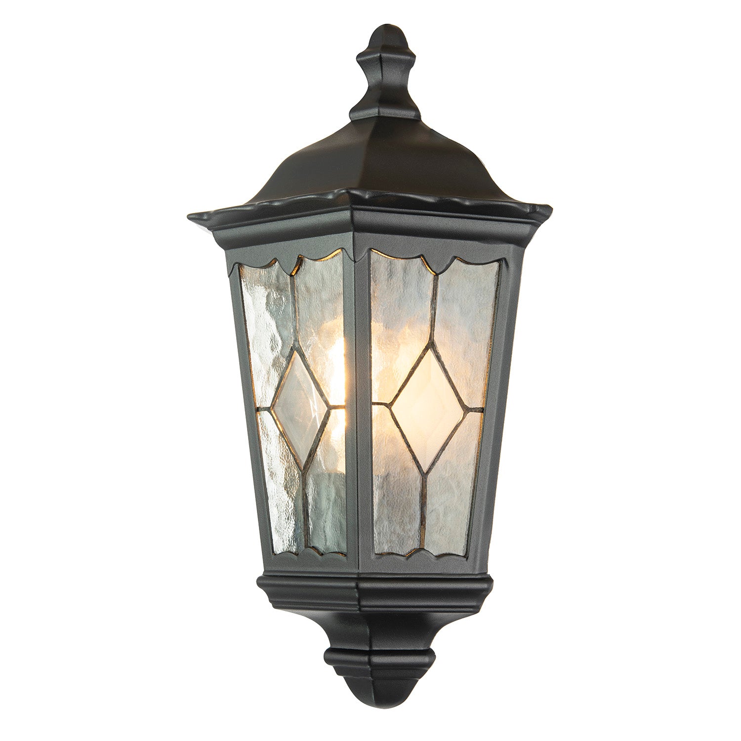 Traditional Black Half Lantern Outdoor Wall Lamp with Cathedral Textured Glass Image 4