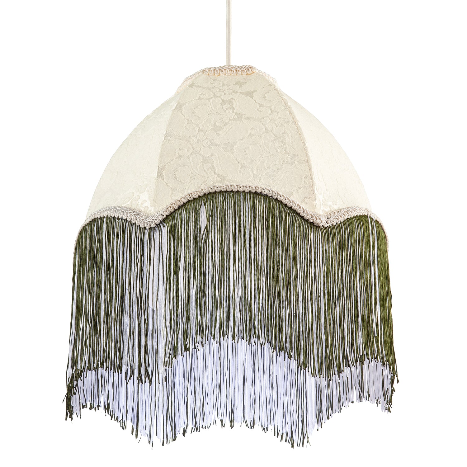 Cream Floral Victorian Velvet Shade with Dark Green and White Tassels Image 5