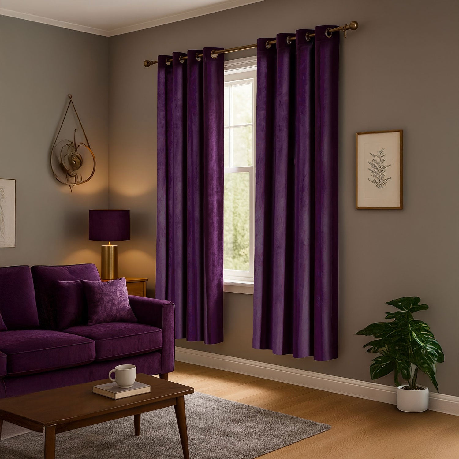 Plum Purple Velvet Blackout Eyelet Curtains - 46x63 Inch Drop - Pair Image 6