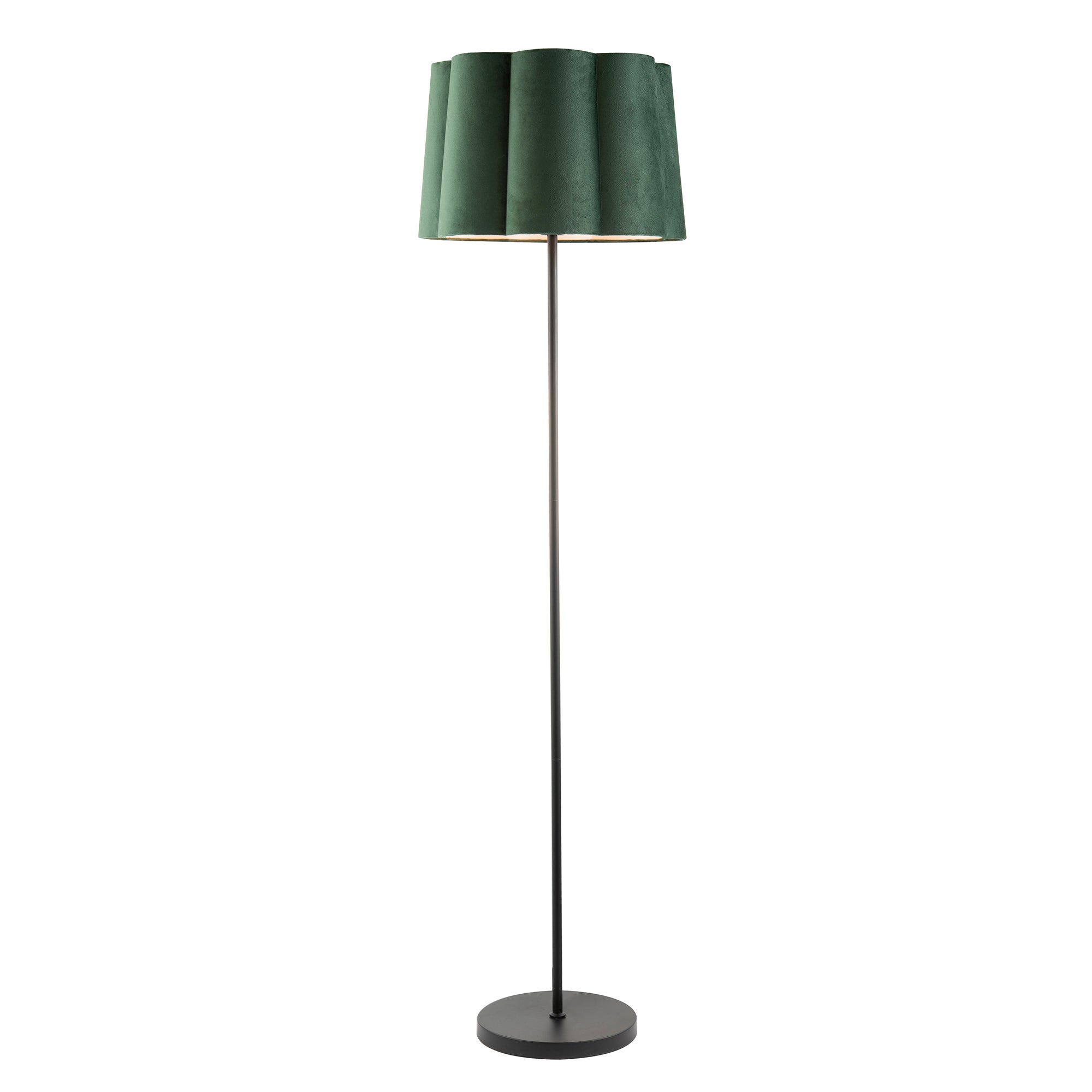 Modern Matte Black Floor Lamp with Forest Green Velvet Scallop Shade Image 2