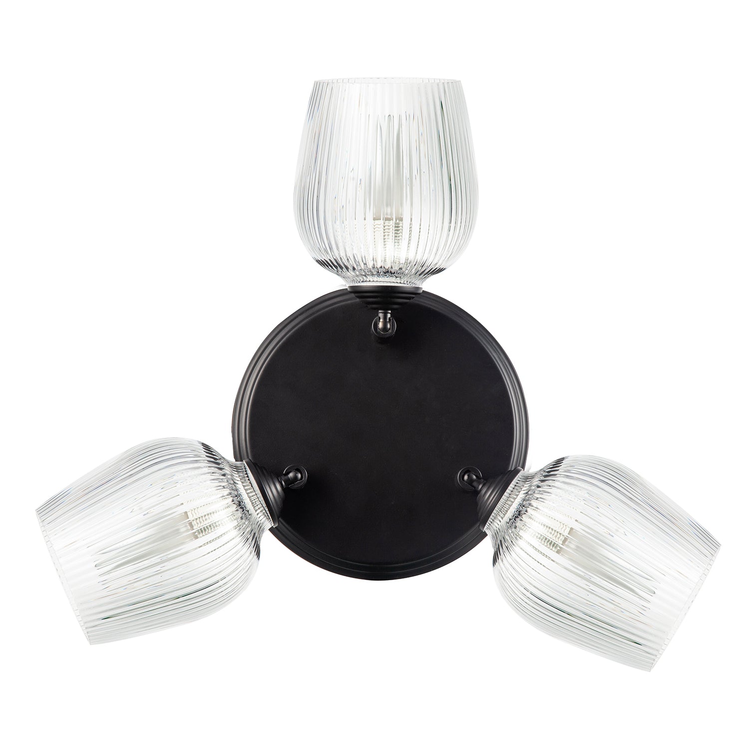 Matte Black Triple Spot Ceiling Light with Clear Ribbed Glass Shades Image 3