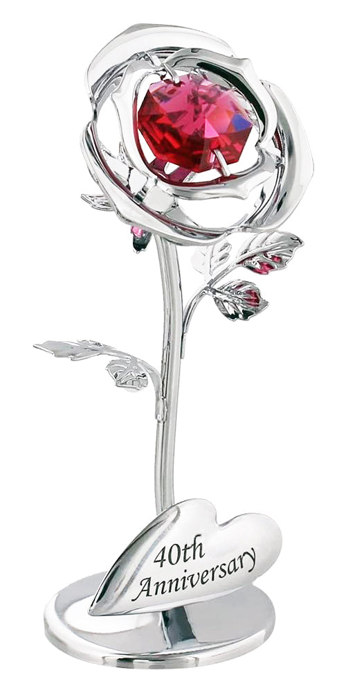 Modern "40th Anniversary" Silver Plated Flower with Red Swarovski Crystal Glass Image 1