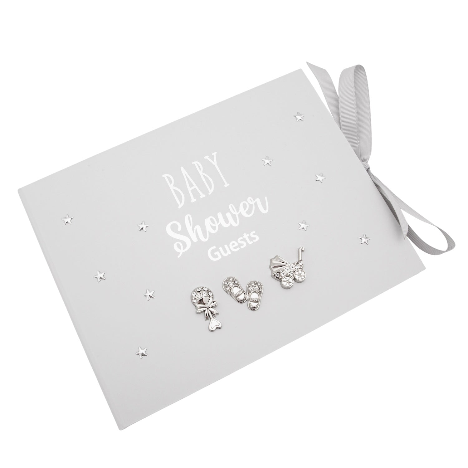 Grey Baby Shower Guest Book with Silver Plated Rattle Pram and Booties Image 6