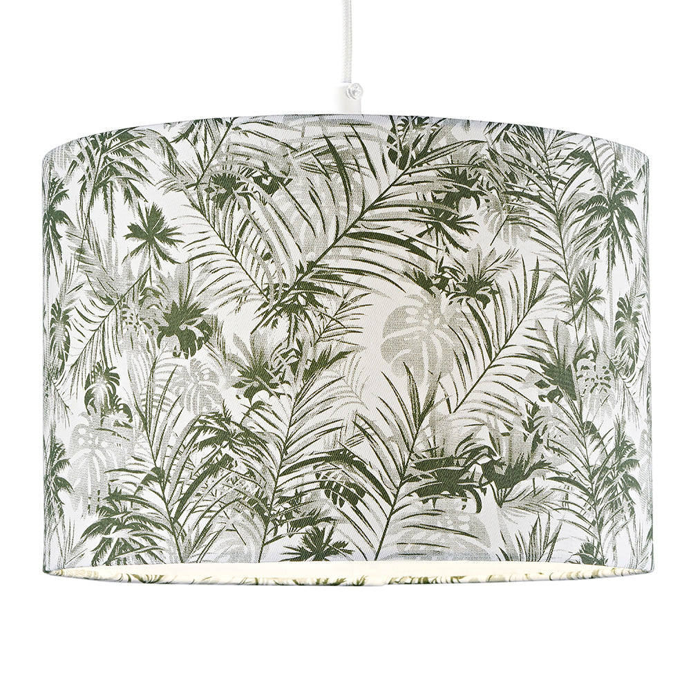 Stylish Forest Green Palm Tree Decorated 12" Linen Fabric Drum Lamp Shade Image 2