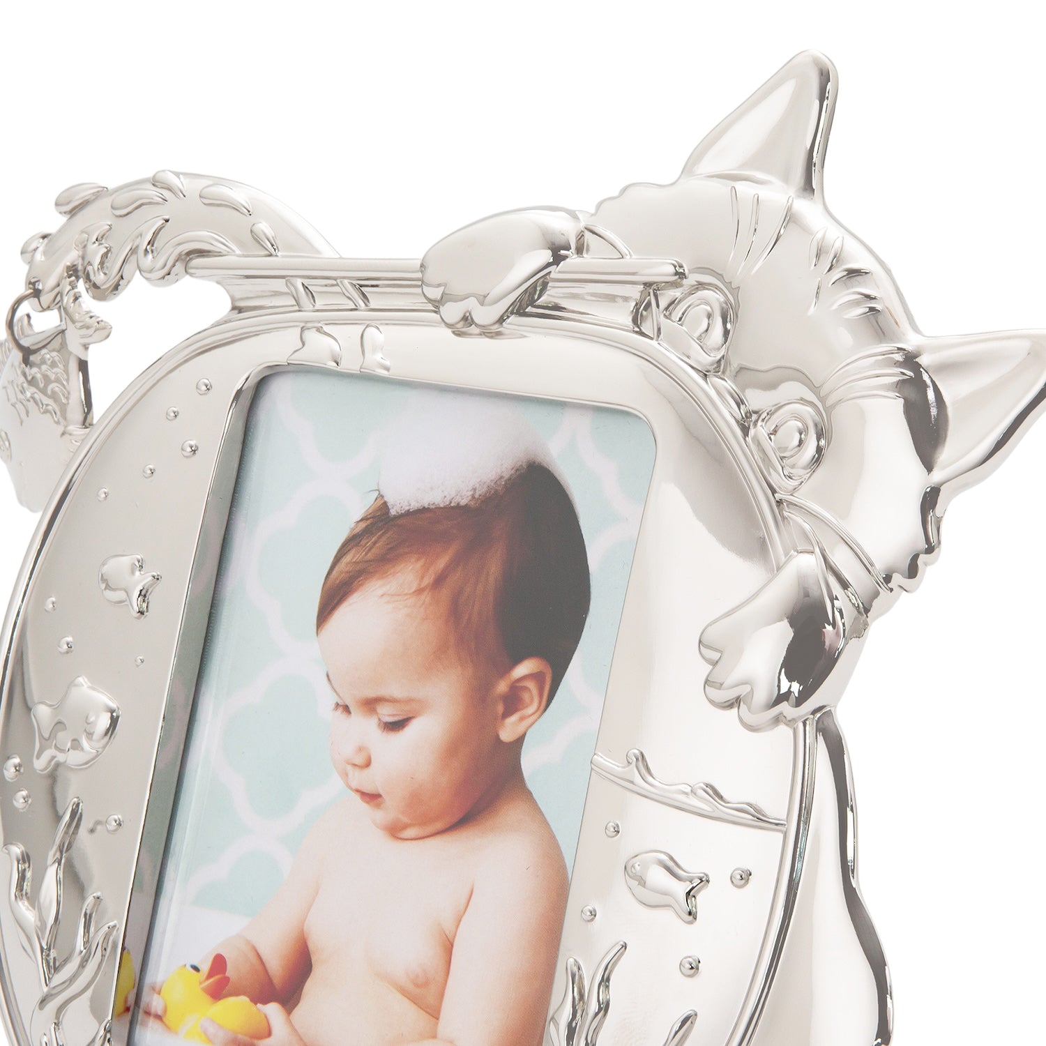 Quirky Hiding Cat Themed Nickel Plated Picture Frame with Hanging Fish Image 4