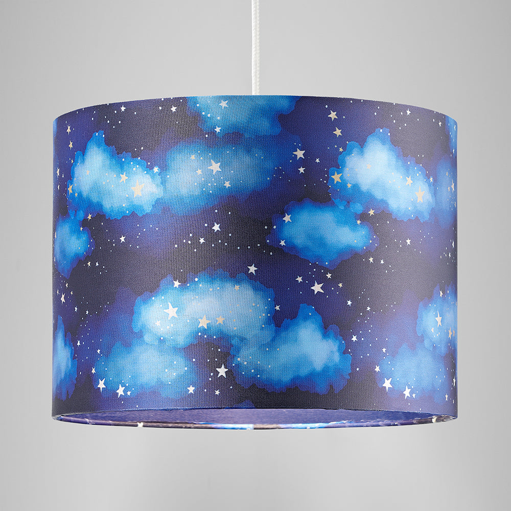 Modern Navy Blue Childrens Lamp Shade with Bright Gold Stars and White Clouds Image 8