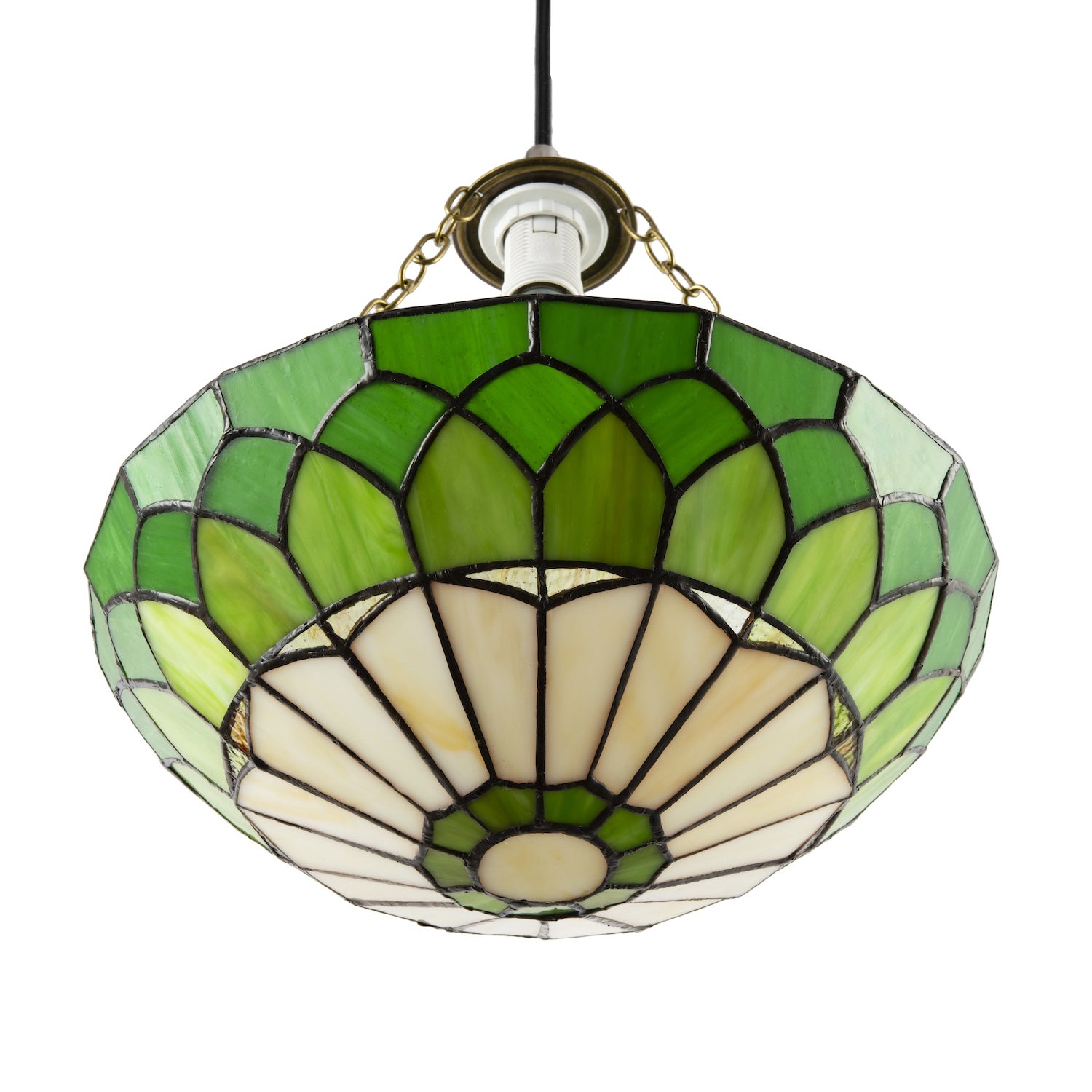 Amber and Green Stained Glass Domed Tiffany Pendant Lamp Shade with Chain Image 3