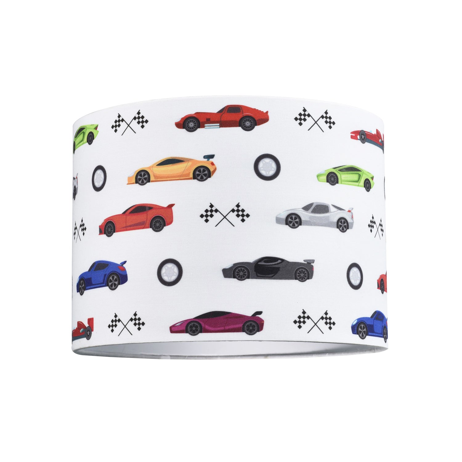 Modern and Colourful Racing Cars Kids Cotton Fabric Round Drum Lamp Shade - 25cm Image 1