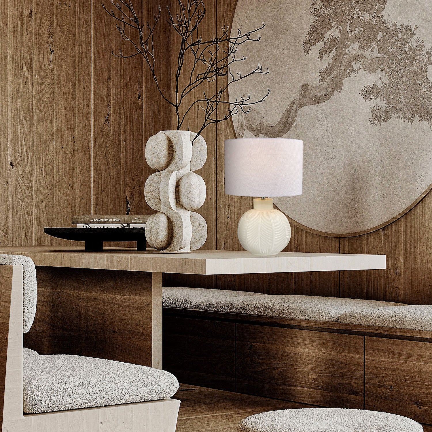 Contemporary Opal White Glass Table Lamp in Leaf Design and Ivory White Shade Image 7