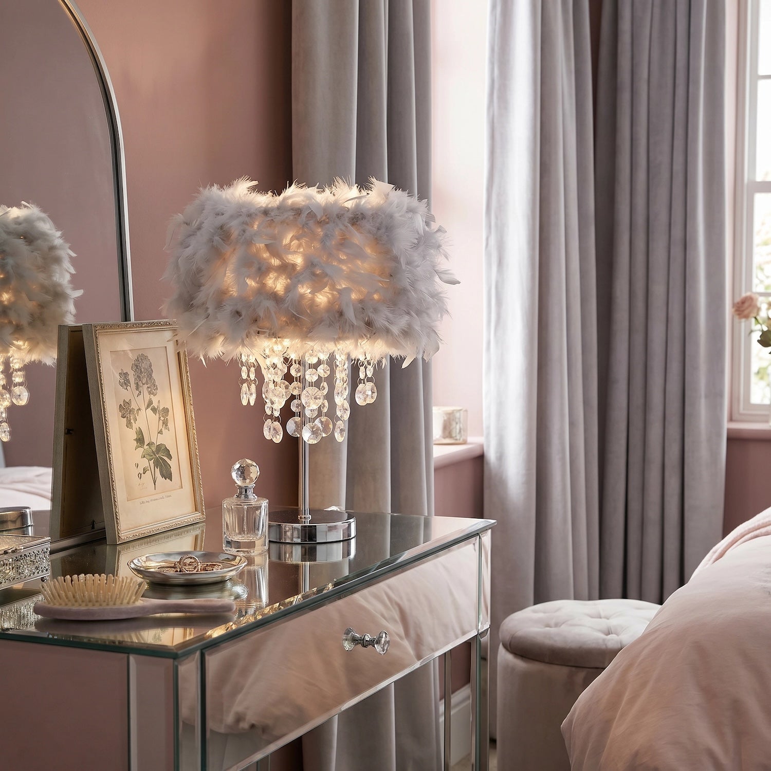 Chandelier Style Soft Grey Feather Table Lamp with Waterfall Drops Image 6