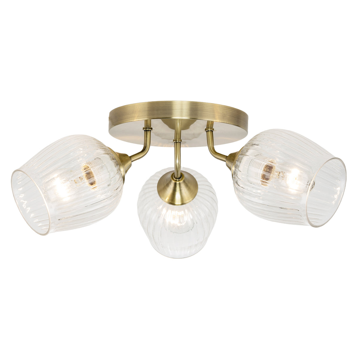 Modern Chic Antique Brass Ceiling Light with Clear Ribbed Glass Shades Image 2