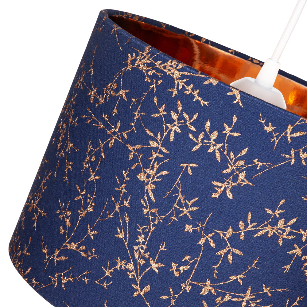 Modern Navy Blue Cotton Fabric 12" Lamp Shade with Copper Foil Floral Decoration Image 3