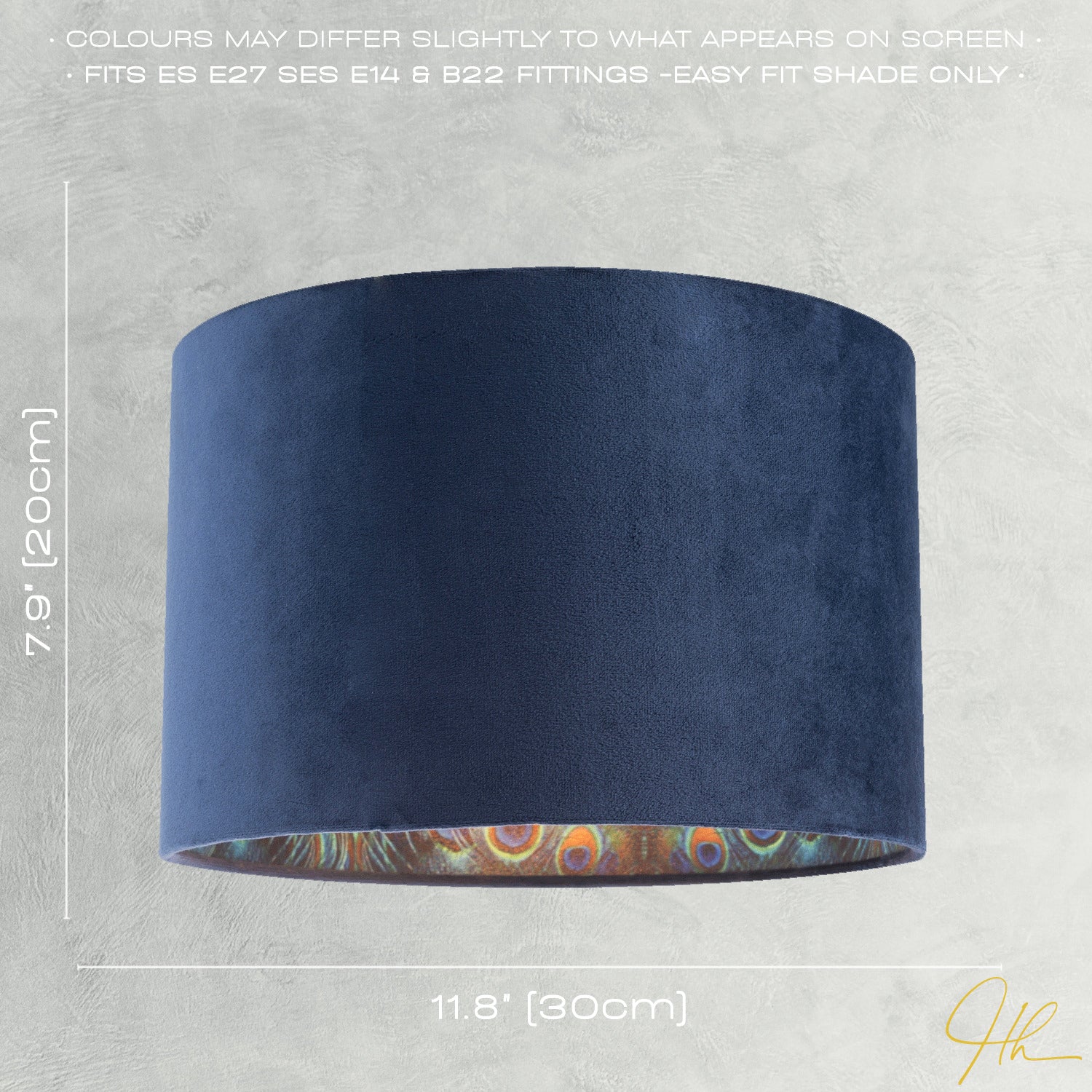 Midnight Blue Velvet Lamp Shade with Colourful Peacock Feather Inner Image 6