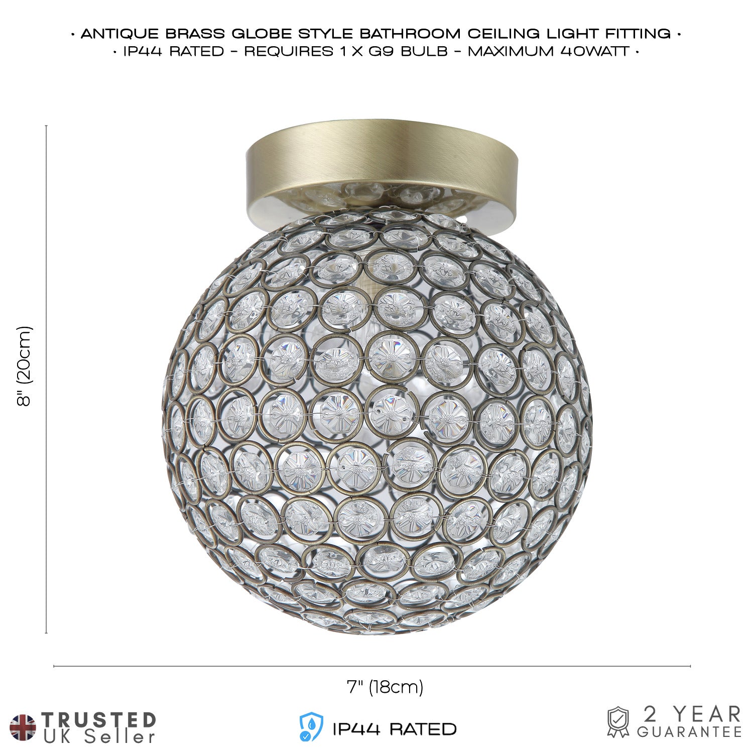 Modern Antique Brass and Clear Beaded Glass IP44 Rated Bathroom Ceiling Light Image 7