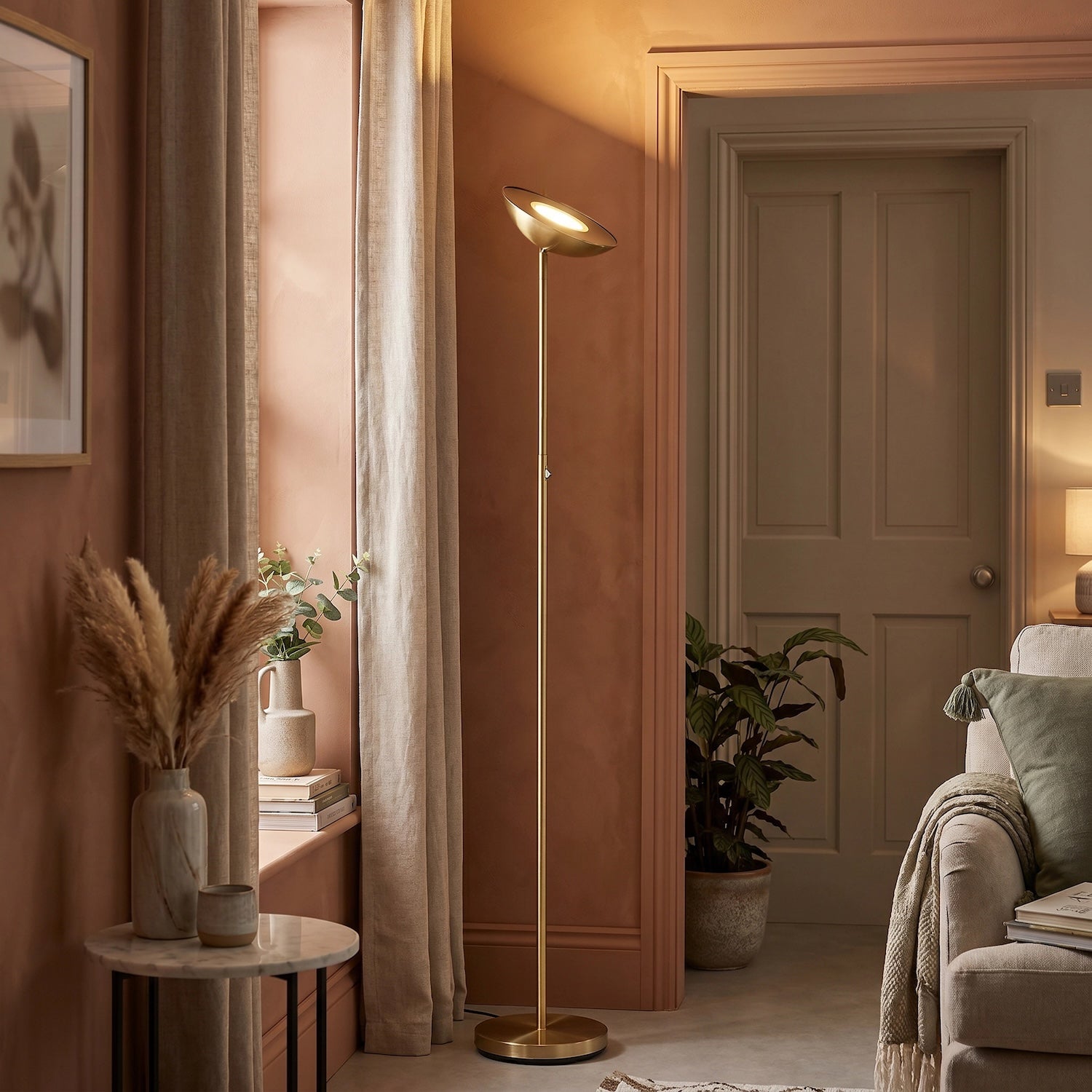 Modern Uplighter Floor Lamp in Antique Brass with Memory Dimmer Button Image 6