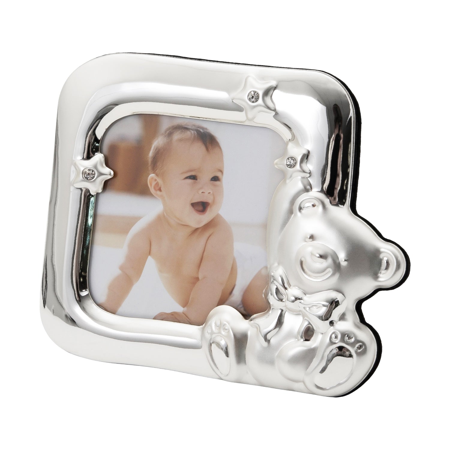 Square Shaped Teddy Bear Baby Photo Frame with Small Diamante Stars Image 1