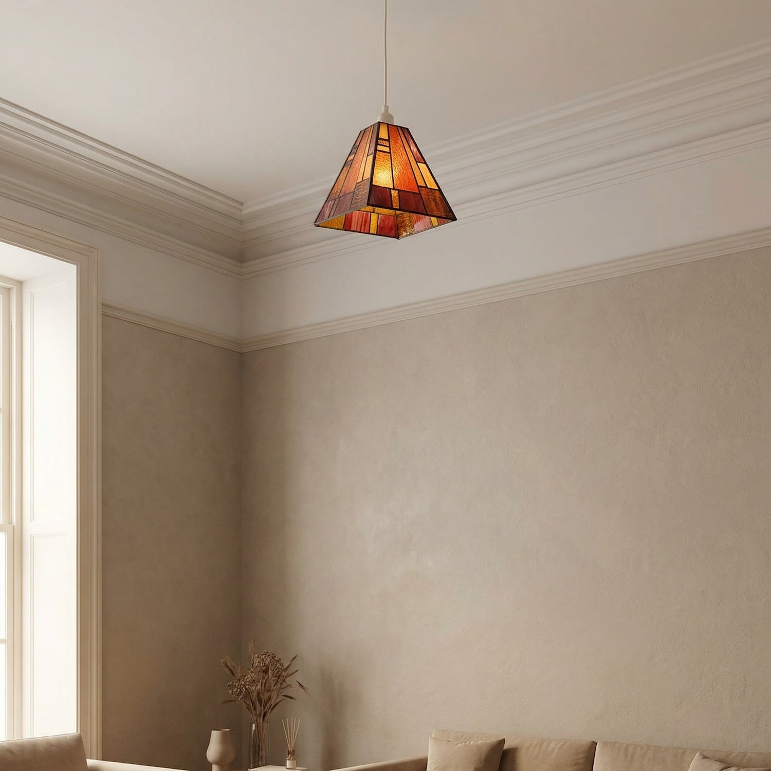 Art Deco Tiffany Pendant Lighting Shade with Orange and Amber Panels Image 8