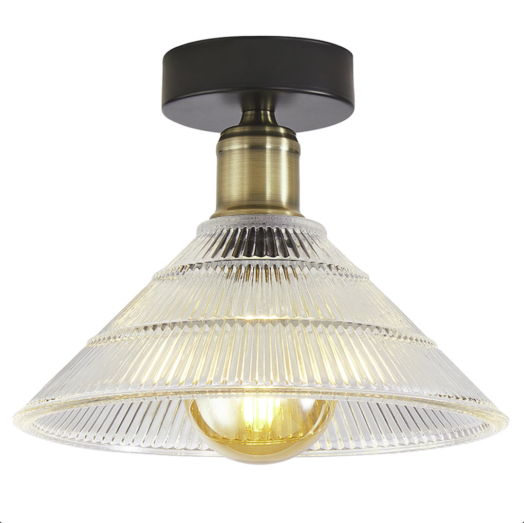 Modern Industrial Semi Flush Ceiling Light in Matte Black and Ribbed Clear Glass Image 2