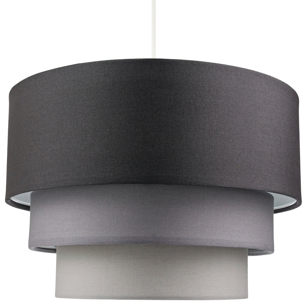 Contemporary Round Triple Tier Soft Grey Cotton Fabric Pendant Light Shade Image 1