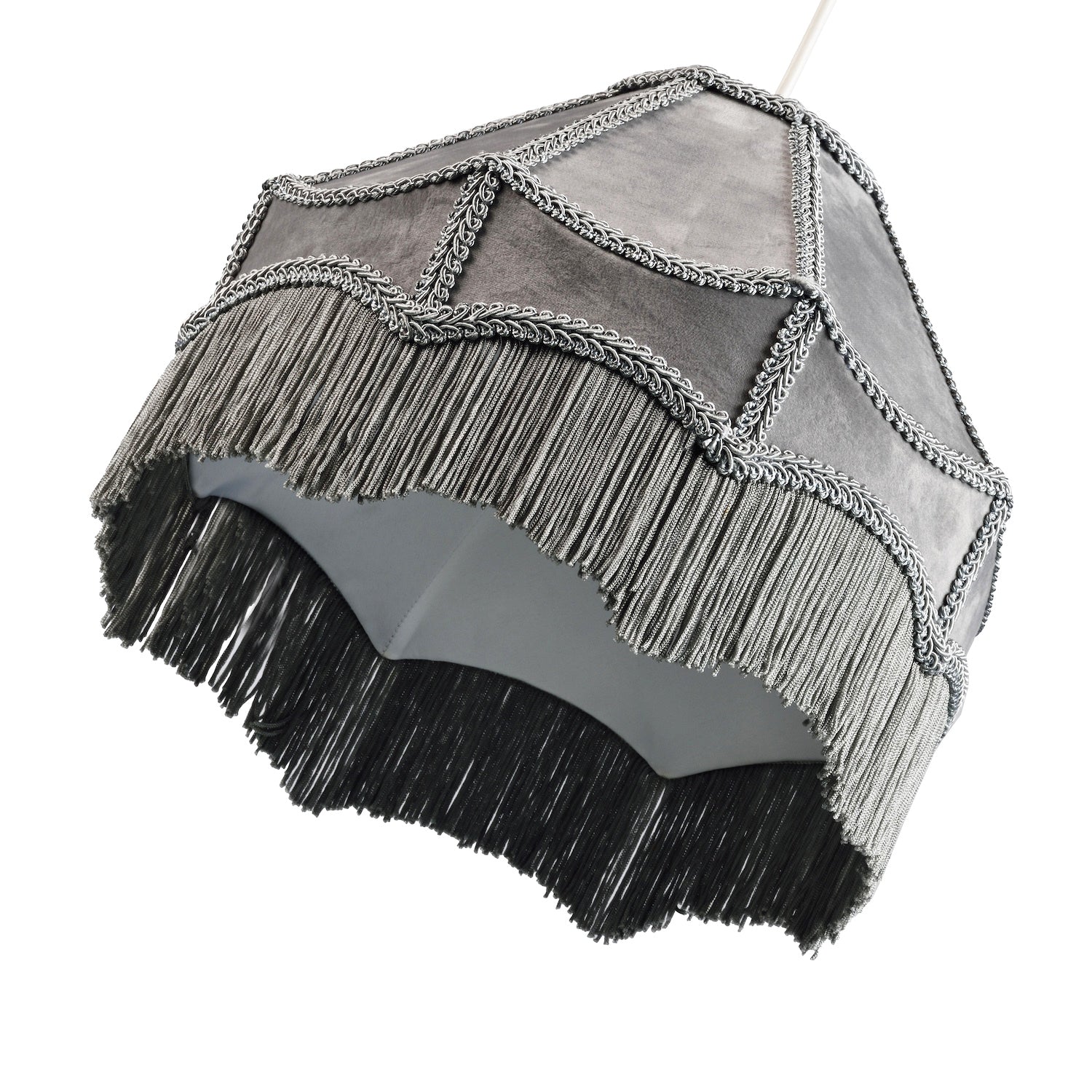 Traditional Victorian Empire Lampshade in Soft Dove Grey Velvet with Tassels Image 3