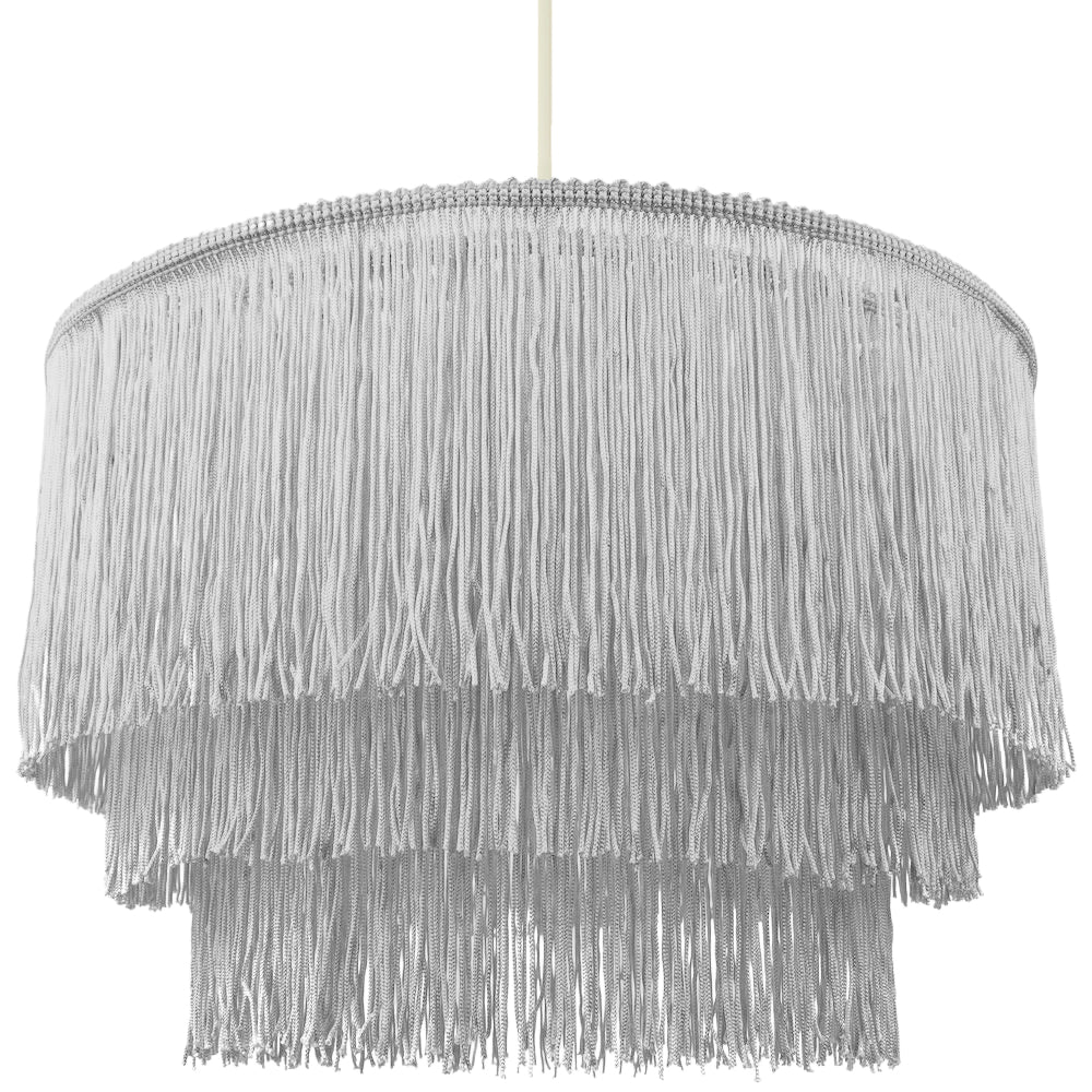 Traditional 3-Tier Grey Fabric Tassels Pendant Light Shade with Decorative Trim Image 1