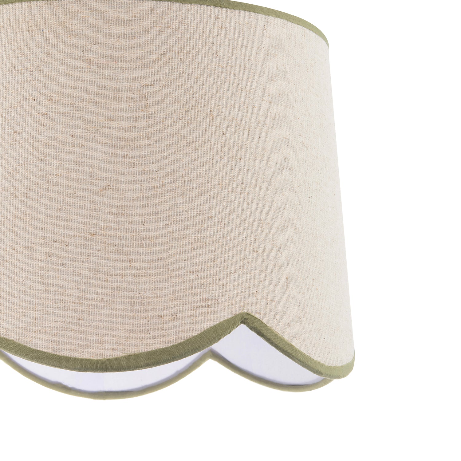 Natural Oatmeal Textured Linen Scallop Lamp Shade with Olive Trims Image 4