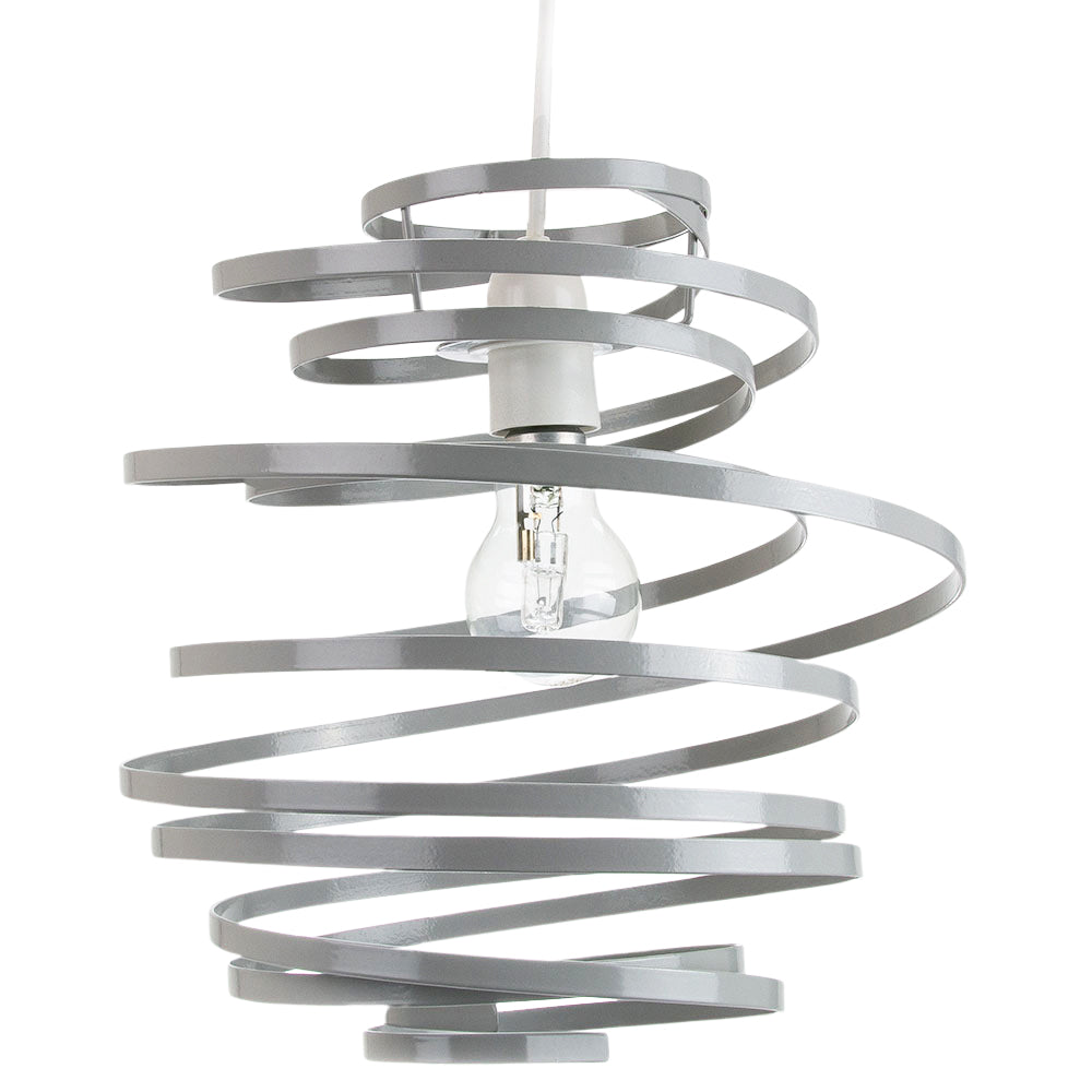 Contemporary Grey Gloss Metal Double Ribbon Spiral Swirl Ceiling Light Pendant Image 1