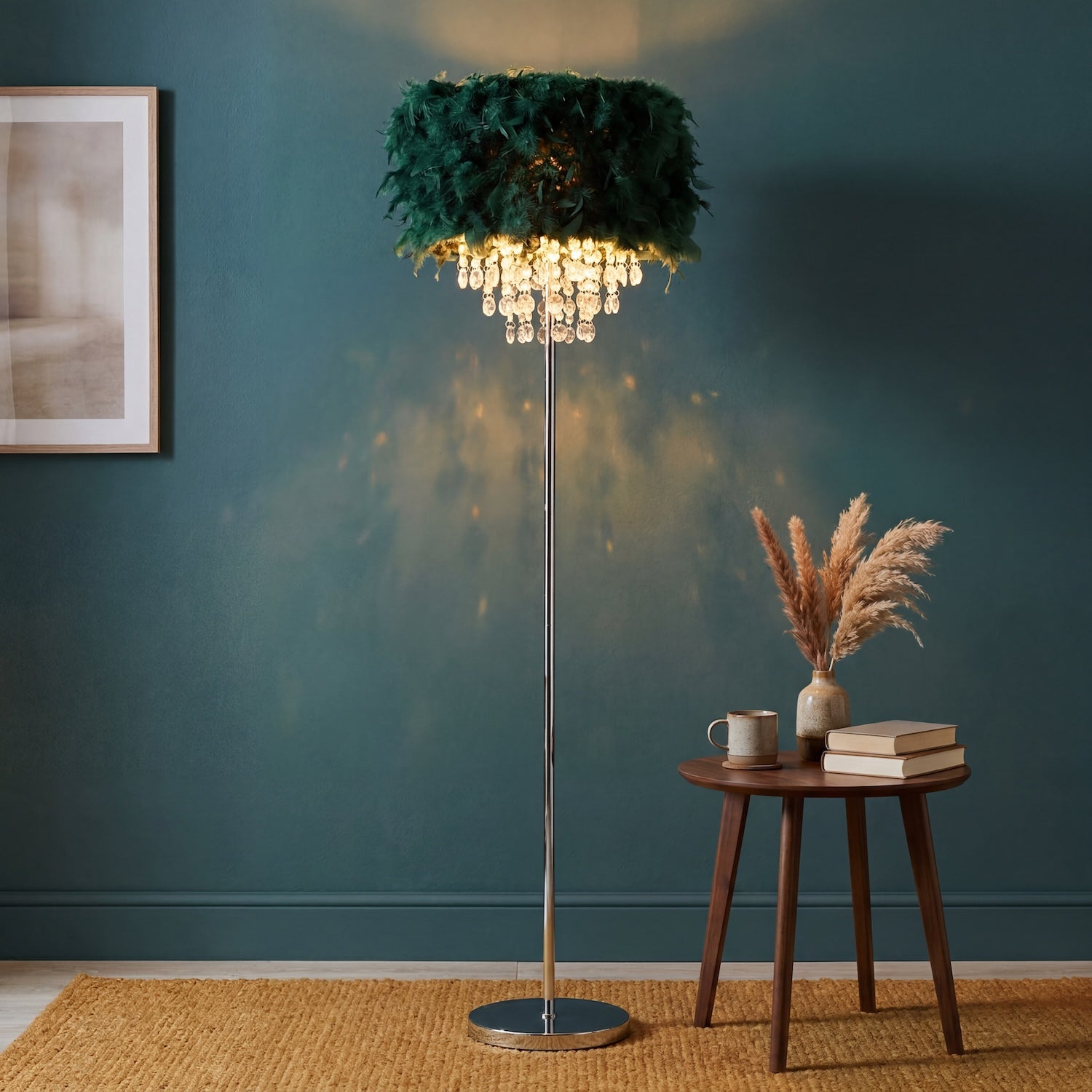 Chandelier Style Forest Green Feather Floor Lamp with Waterfall Drops Image 6