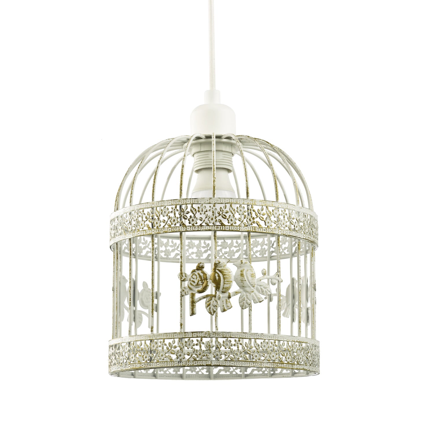 Shabby Chic Brushed Cream and Gold Birdcage Shade with 3D Flowers and Birds Image 3