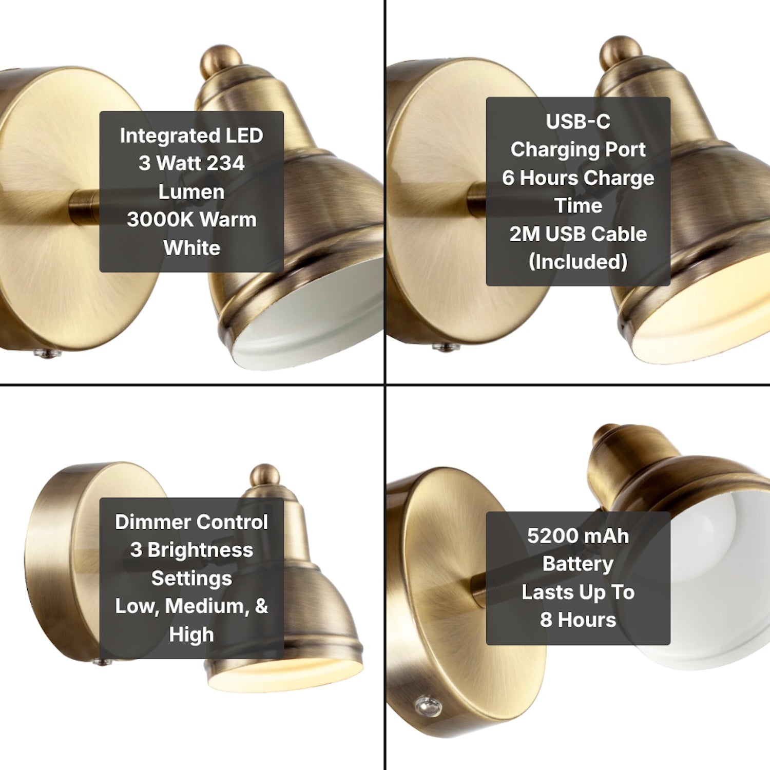 Modern Rechargeable Dimmable Spot Wall Light Fitting in Antique Brass Image 8