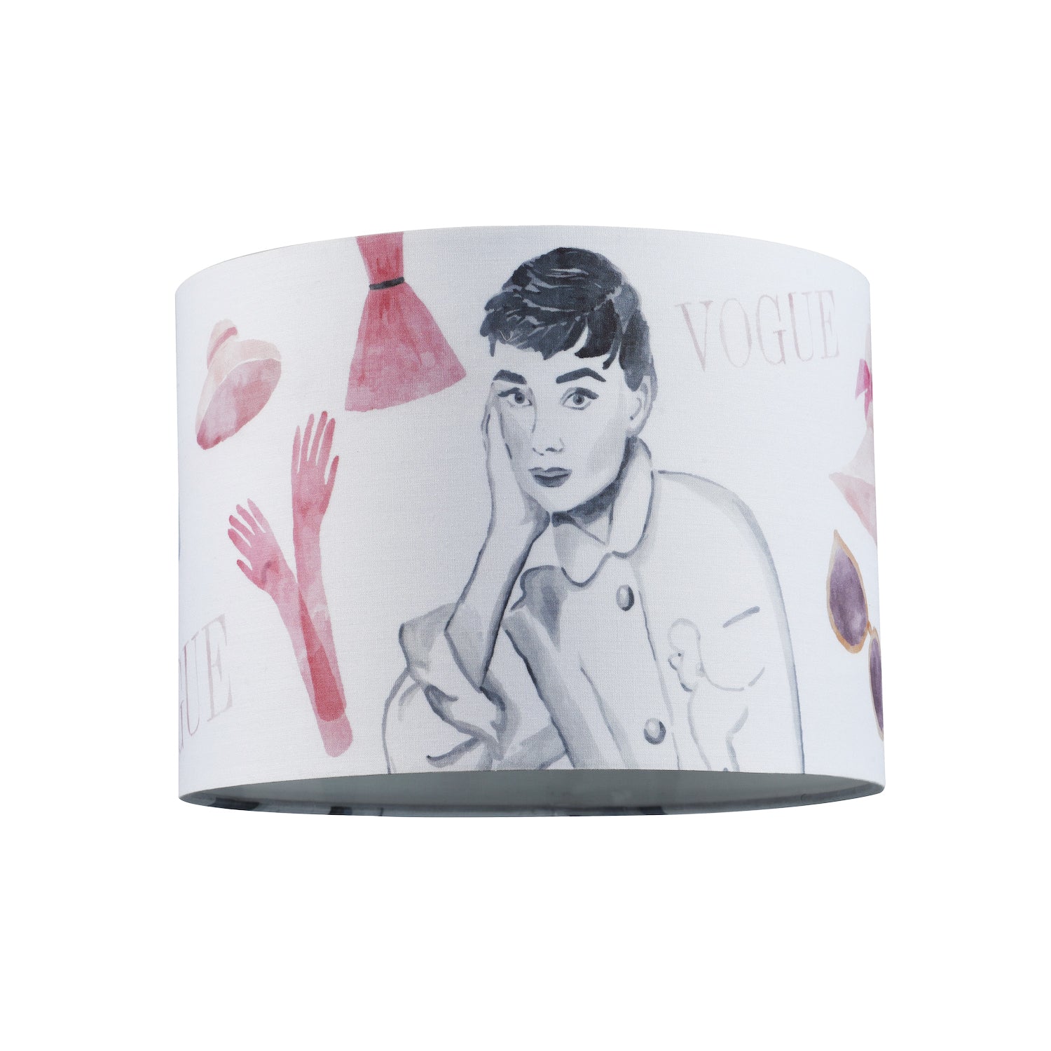 Audrey Hepburn Vogue Themed Fabric Lamp Shade with Pink Dresses and Gloves Image 1