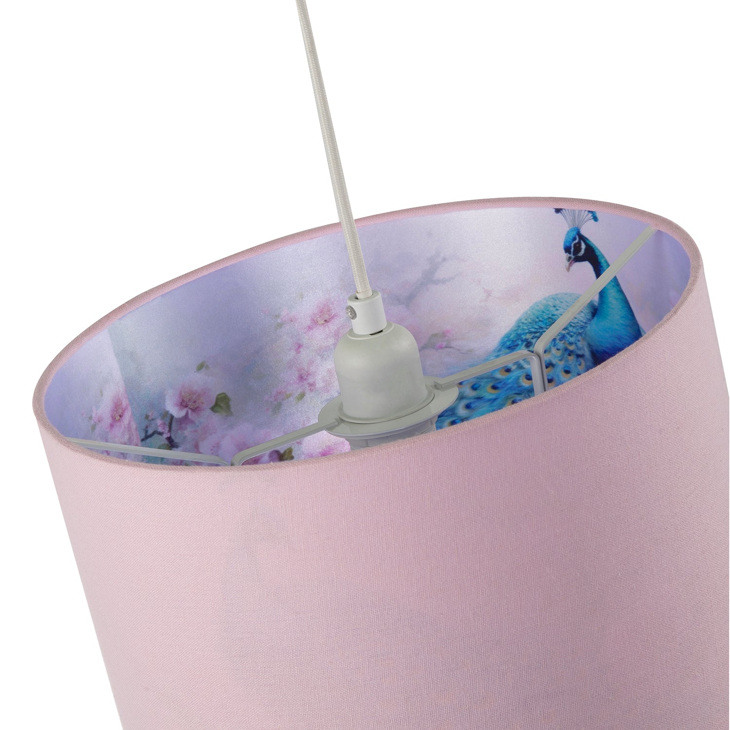 Elegant Blue Peacock and Pink Floral 12 Inch Lamp Shade in Pink Linen Image 3
