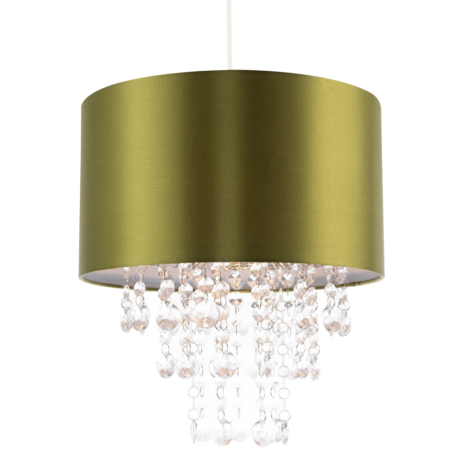 Modern Olive Green Satin Fabric Pendant Shade with Clear Acrylic Drops Image 2