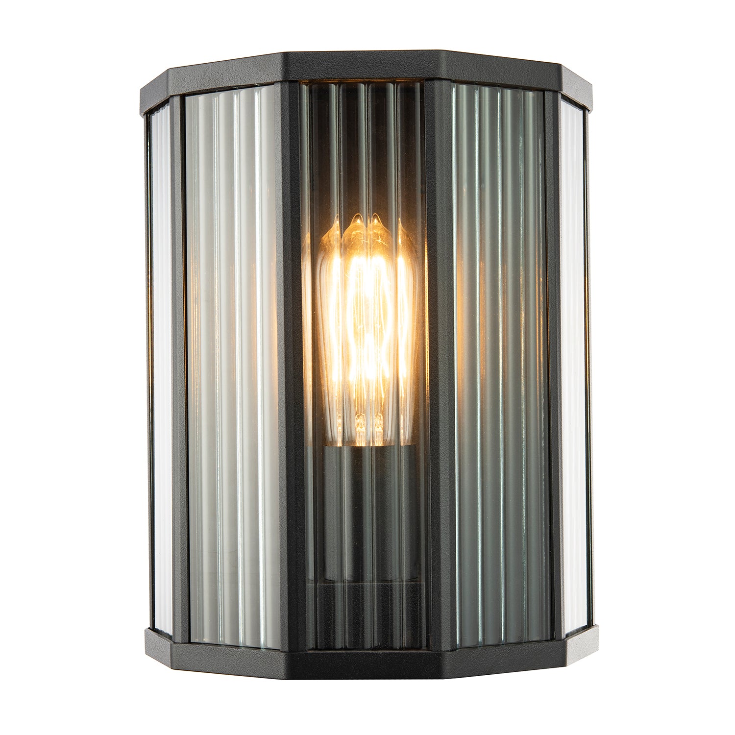 Contemporary Outdoor Garden Half Lantern Wall Lamp with Clear Ribbed Glass Image 1