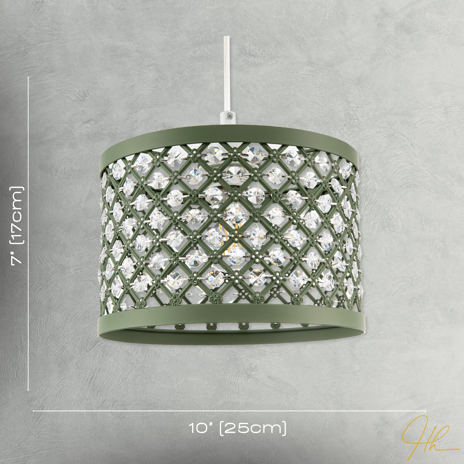 Modern Ornate Olive Green Metal Pendant Shade with Clear Acrylic Beads Image 7
