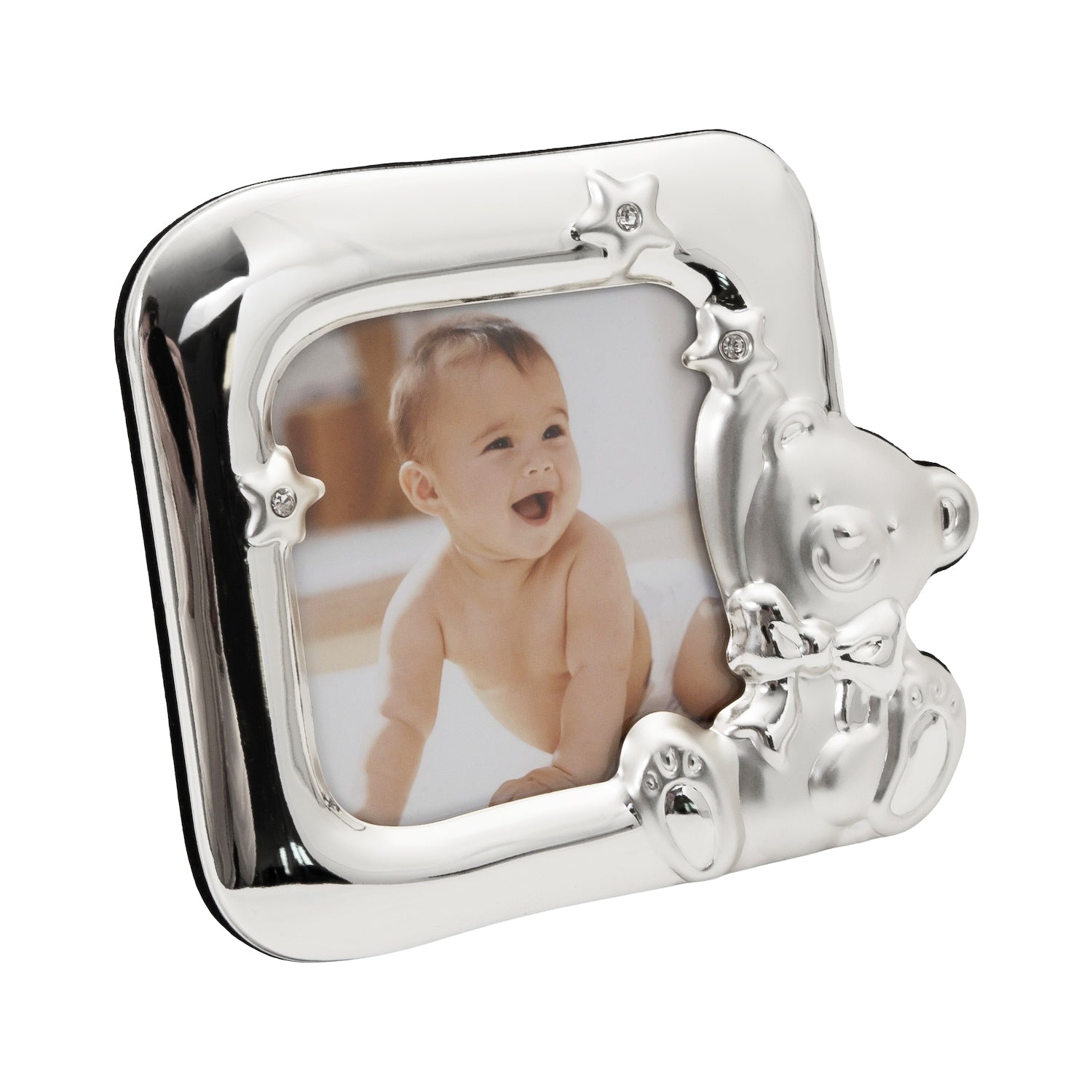 Square Shaped Teddy Bear Baby Photo Frame with Small Diamante Stars Image 2