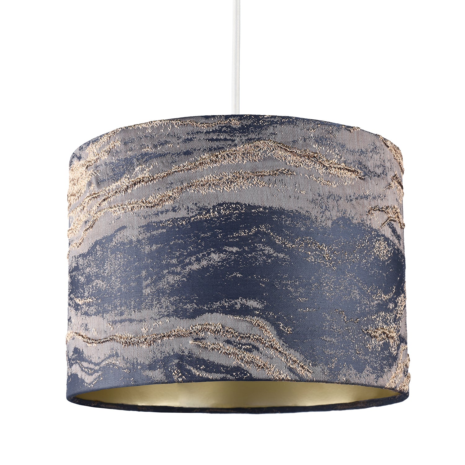 Navy Blue Jacquard Cotton Lamp Shade with Gold Leaf Foil Wavy Decor Image 2