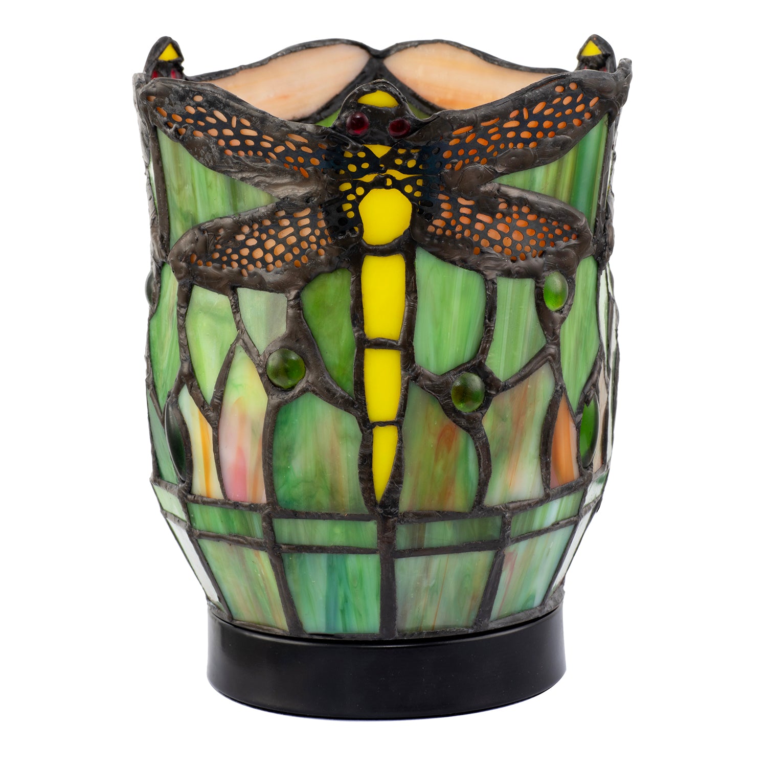 Classic Dragonfly Tiffany Uplighter Lamp in Green and Toned Amber Image 1