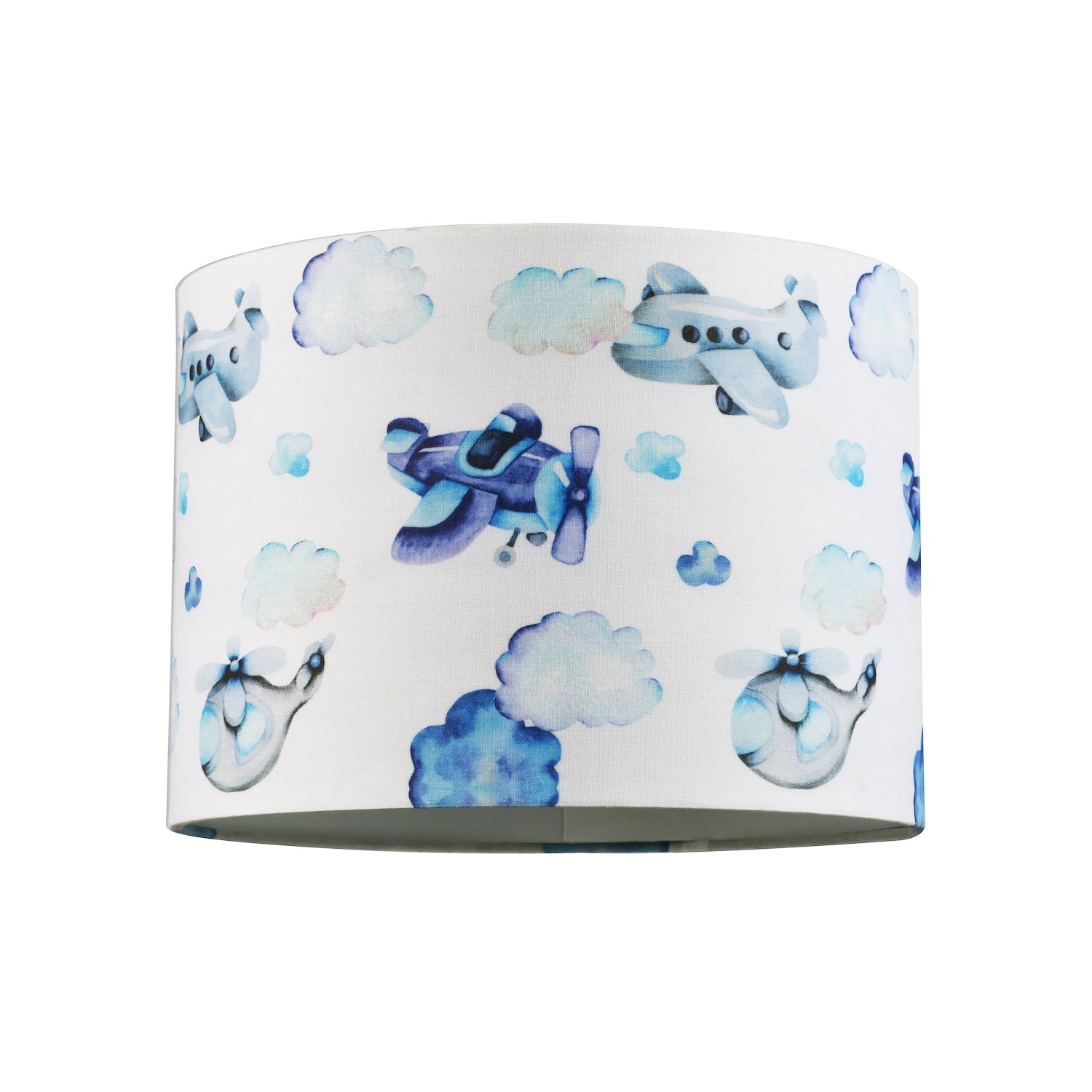 Blue Watercolour Planes and Helicopters Cotton Fabric Shade with Fluffy Clouds Image 1