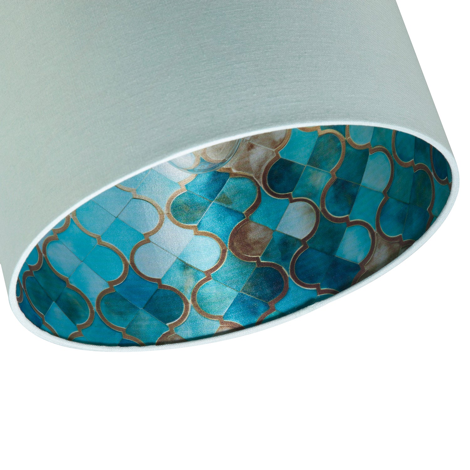Designer Duck Egg Linen Lamp Shade with Moroccan Scale Pattern Lining Image 4