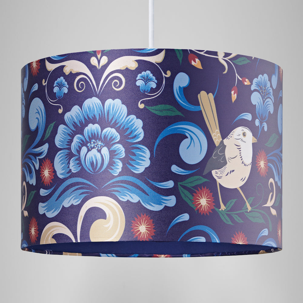 Vivid Floral Midnight Blue Satin Fabric 12" Drum Lamp Shade with Bird Decoration Image 7