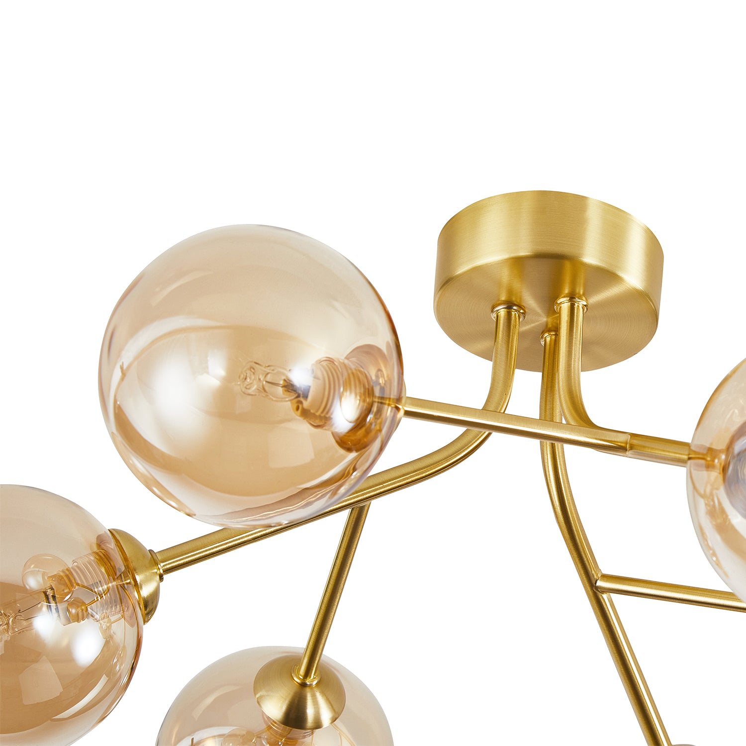 Designer Satin Gold 6-Arm Ceiling Light Fixture with Amber Tinted Glass Shades Image 3