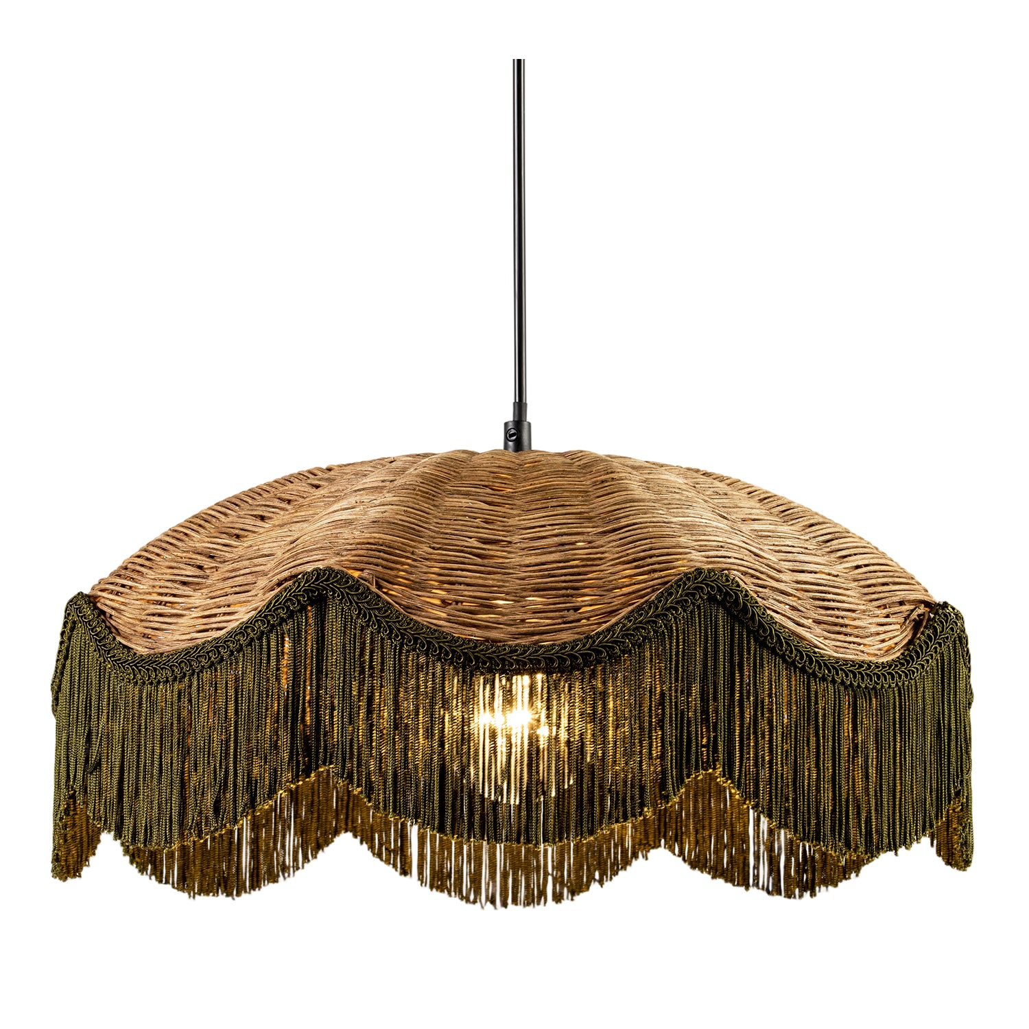 Woven Rattan Pendant Ceiling Shade with Forest Green Trim and Tassels Image 2