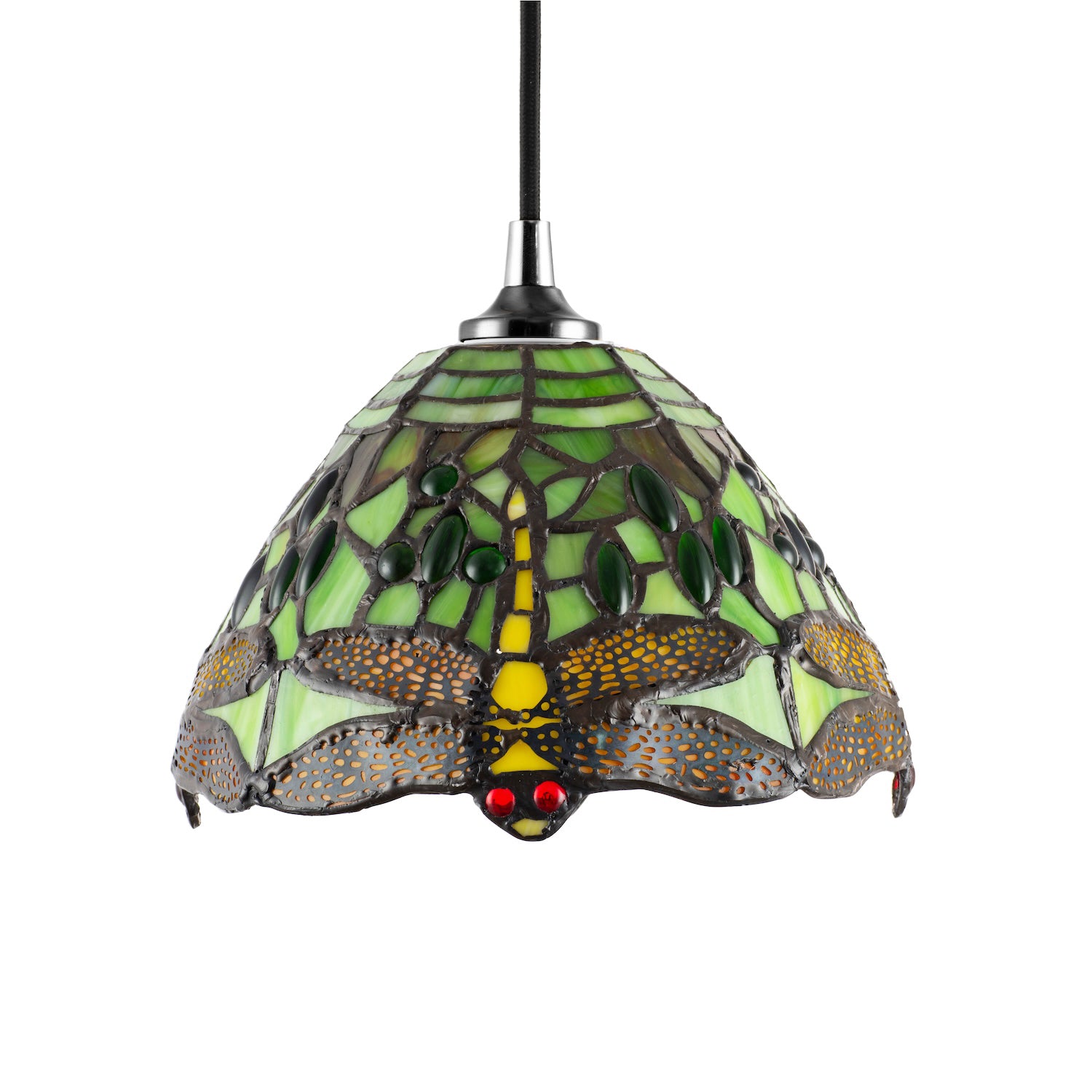 Dragonfly Themed Green Stained Glass Tiffany Pendant Lighting Shade with Beads Image 1