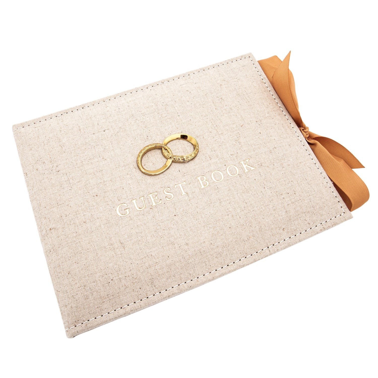 Natural Linen Fabric Wedding Day Guest Book with Shiny Gold Rings Image 3